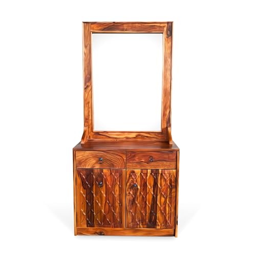 Image of Sheesham Wood Full-Length Dressing Mirror with 2 Drawers & Stool | Honey Finish | Wall-Mount & Free-Standing Decorative Mirror for Bedroom, Hallway & Entryway | Solid Wood Dressing Unit