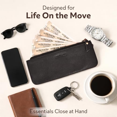 Image of CONTACTS Genuine Leather Small Pouch Multipurpose Utility Bag Zipper Pencil Pouches Holder Aesthetic for Adults Men Women Boys Coin Purse Money I Pen I Key I Tool Jewelry Bag - Black