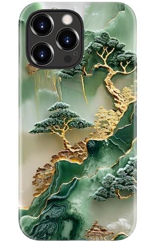 Image of Goodon for iPhone 13 Pro Max Case Cute - Wireless Charging Compatible - Dual-Layer Hard Shell + Silicone Cover - Protective Phone Case with Trendy Designs for Women - Gold Inlaid Jade Carving