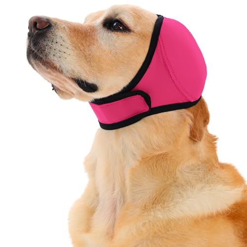 Meifsou Dog Head Wrap - Quiet Ears for Anxiety Waterproof Dog Calming Hood No Shake Ear Cover Snoods for Thunder Lightning Fireworks Vet Visits Polyester and SBR Diving Fabric Rose Large