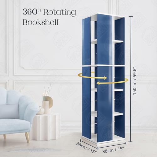 Image of ABOUT SPACE Rotating Book Shelf for Home Library - 5 Tier 360 Book Rack | Semi UV Gloss Laminate DIY Engineered Wood Book Stand with Partition & Bottom Turnplate (Blue & White L 38 x B 38 x H 150 cm)
