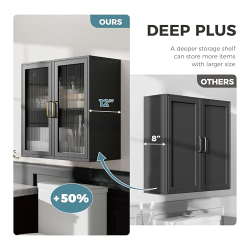 24”W Wall Cabinet with Acrylic Glass Doors Set of 2, Kitchen Wall Cabinets with Adjustable Shelf, Laundry Room Wall Mounted Cabinet, Bathroom Wall Cabinet with Light(Black) - Image 5