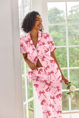 Image of Ekouaer 2 Piece Satin Short Sleeve Pajamas Set Button Down Sleepwear | Soft Pjs Set Classic Loungewear for Wedding, Party, Home, Daily Wear, Date Nights