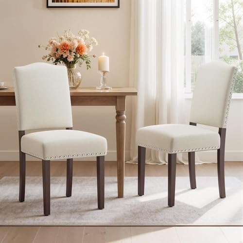 Image of Upholstered Dining Chairs Set of 2 with Thickened Seat Cushion, Wooden Mid-Century Modern Fabric Farmhouse Kitchen Chairs for Dining Room Living /Restaurant /Reading Room(Beige)
