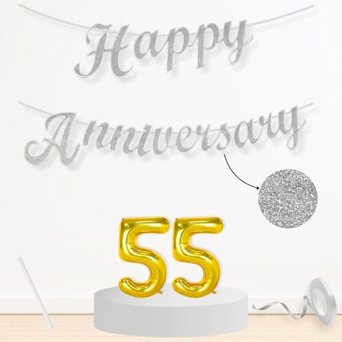Image of Flyloons 55th Happy Anniversary Banner Silver Decorations Kit for Men Women Wedding Anniversary Banner Items without Balloons
