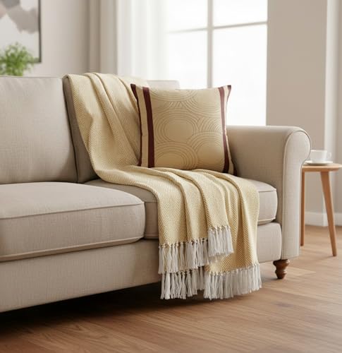 Image of SAJAVAT HOME Soft Cotton 3 Seater Sofa Throw with Cushion Cover | Beige & Yellow White Throw 82 inchx52 inch & Yellow Silk Cushion Cover 18''x18'' for Living Room, Bedroom, Sofa, Chair & Gift | Pack of 1