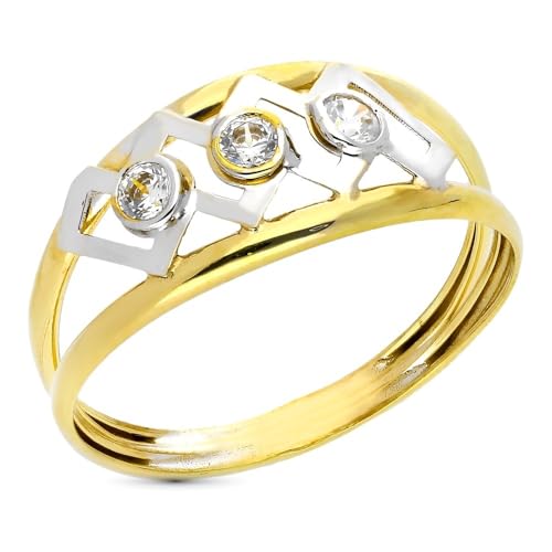 Bague double corps or bicolore 9 carats ajourée largeur 9mm et zircon