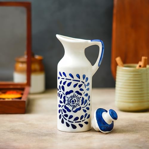 Image of Ceramic Oil Dispenser 300ml | Blue Floral Kitchen Oil Bottle for Cooking & Serving | Refillable Pottery Vinegar & Olive Oil Container | Glazed Finish for Kitchen & Dining Table