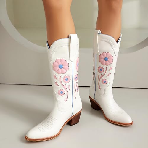 Image of Womens Floral Cowboy Boots,Cute Mid Calf Flower Cowgirl Western Country Boot Pointed Toe Chunky Heel Shoes for Women.