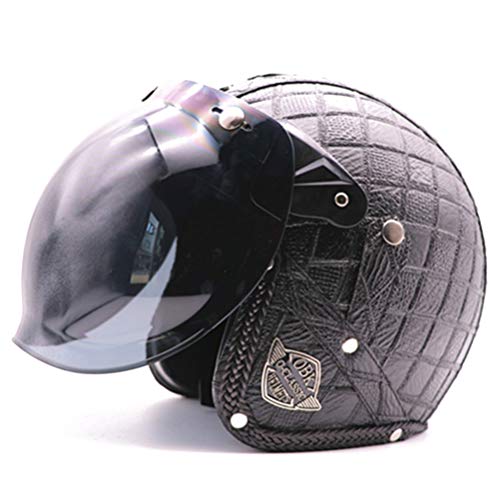 Casco de Moto de Cuero sintético Retro Vintage Cruiser Chopper Scooter Cafe Racer Moto Casco 3/4 Casco de Cara Abierta Bubble Visor Dot