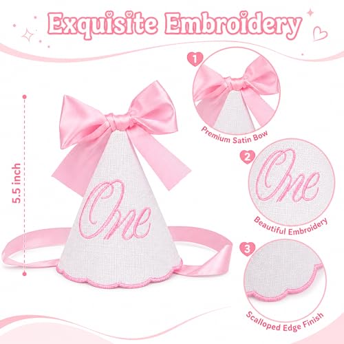 Image of 3Pcs Pink Bow First Birthday Decorations Highchair Banner for Girl,1st Birthday High Chair Garland,Cake Topper & Hat for One Year Old Birthdays Party Decoration,Baby Shower,Princess Fairy Photo Props