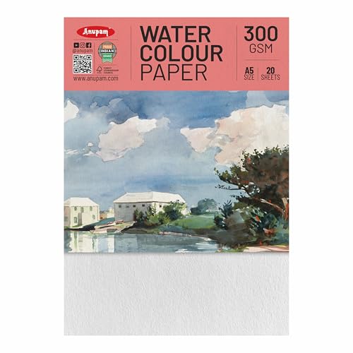 Image of Anupam Professional Watercolour Paper | A5 (21X15CM) 300 GSM Cold Pressed Paper |Acid-Free 20 Sheets| Ideal for Artist, Professional Drawing, Painting Dry & Wet, Fine Art, School, Students