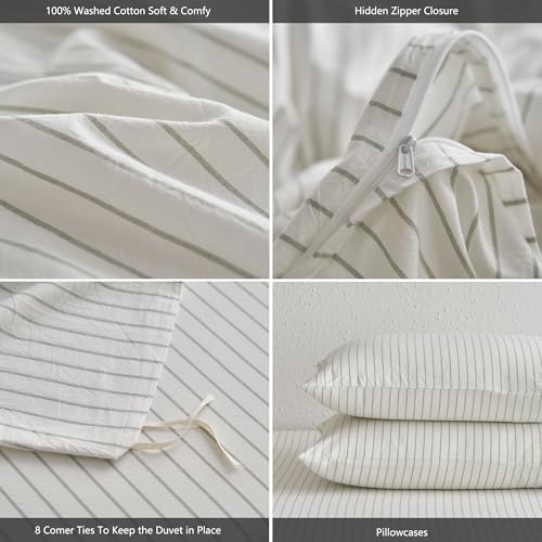 Image of MooMee Striped Duvet Cover Set 100% Washed Cotton Linen Like Full | Relaxed Linen-like Texture. Soft, Breathable & Long-lasting Comfort. Lightweight. Hidden Zipper with 8 Interior Corner Ties