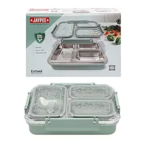 Stainless Exteel Insulated Three Cavity Lunch Box, Lunch Box for Kids Suitable for School, Offices and picnics, Microwave Safe Green, 600 ml