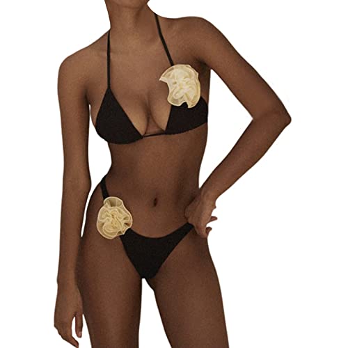 Womens String Bikini Swimsuits Women's Solid Color Top Bikini Knot Scoop Swimsuit Swimsuits For Women (X1-Black, S) #TOP30