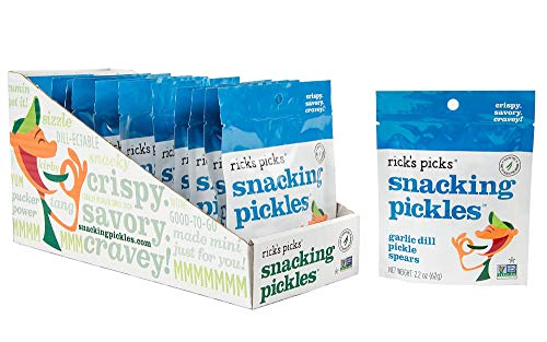 Rick’s Picks Snacking Pickles, Garlic Dill Pickle Spears; Gluten-Free, Vegan, Non-GMO Project Verified, Kosher, Healthy Snack On-the-Go; Tray of 12 Pouches