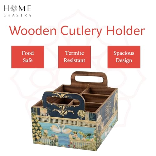 Image of Wooden Cutlery Holder with Gold Engraving | Pack of 1 | Size : 9 x 7 x 5.5 inch | Enamel Coated Waterproof | Cutlery Holder for Dining Table | (Swan)