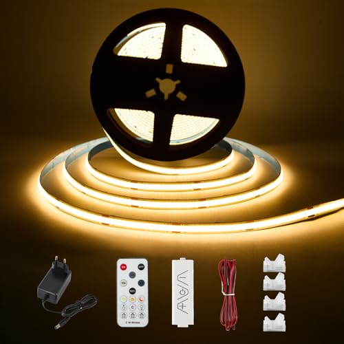 Enteenly Ruban LED COB Blanc Chaud 3 mètres - Kit d'éclairage sous Meuble avec Télécommande RF pour Vitrine, Cuisine, Bureau, étagère, Placard -...