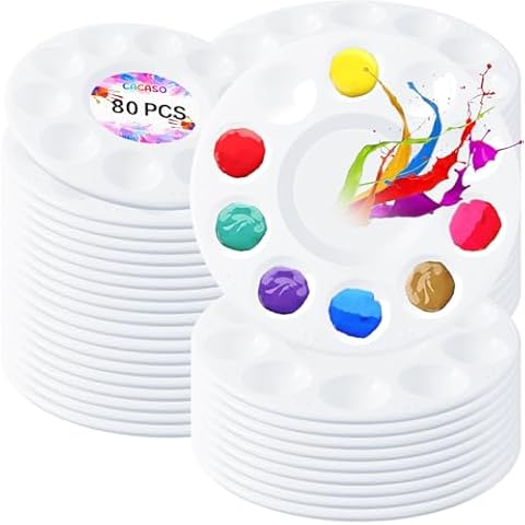 CACASO 80 PCS Paint Tray Palettes,Plastic Paint Pallets with 10 Wells,Round Paint Pallet for Kids and Students,White Paint Palette for Art Classes,Acrylic Painting,Watercolor Painting,DIY Crafting Cover