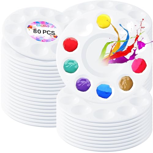 CACASO 80 PCS Paint Tray Palettes,Plastic Paint Pallets with 10 Wells,Round Paint Pallet for Kids and Students,White Paint Palette for Art Classes,Acrylic Painting,Watercolor Painting,DIY Crafting
