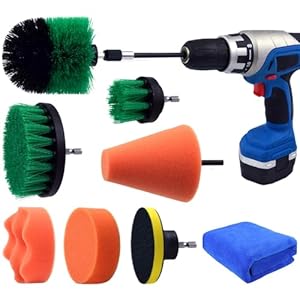 POLIWELL Multipurpose Drill Brush Scrubber Cleaning Set for Car Wheels, Car Seats, Car Carpet Medium Stiff Brushes, Car Wave Polishing Sponge, Wheels Tiles Hubs Care Buffing Sponge, 9PCS/Set