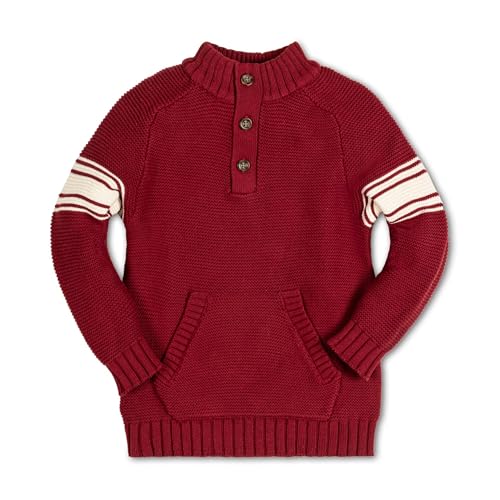 Image of Hope & Henry Boys' Long Sleeve Mock Neck Raglan Sweater with Kanga Pocket, Large, Dark Red with Sleeve Stripes