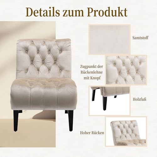 ZONJIE Sessel Wohnzimmer, Ohrensessel Schlafzimmer, Relaxsessel Lesesessel, Armlehnensessel Relax Sessel Lounge Sessels, Samt Gepolstertes Sofa fürs Wohnzimmer Schlafzimmer Arbeitszimmer (Beige)