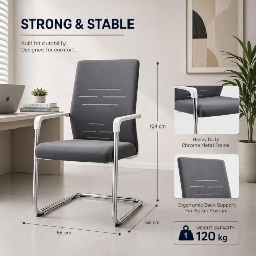 Image of OfficeElite | Ergonomic Office Chair for Home & Office | Breathable Fabric Back, Soft Cushion Seat | Heavy Duty Chrome Sled Base (120 kg Capacity, Grey, Pack of 2)