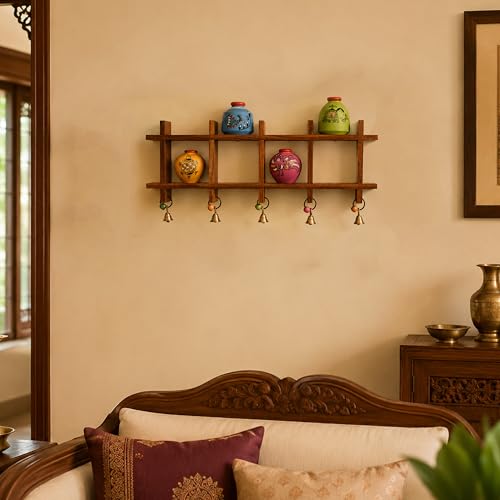 Image of Aakriti Art Creations Ladder Wall Decor 4 Colored Handcrafted Madhubani Pots | Wooden Shelves Hanging with Terracotta Vases | Matte Finish Decorative Wall Art for Living Room, Entryway & Gifting
