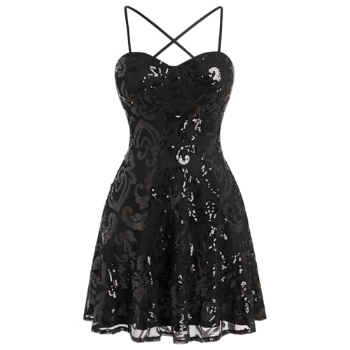 Teen Dresses for School Dance Dresses for Teens Women's Spaghetti Straps Sparkly Sequin Homecoming Dresses Party Short HOCO Dress Summer Sleeveless Backless A Line Tie Back Swing Mini Dress Black S