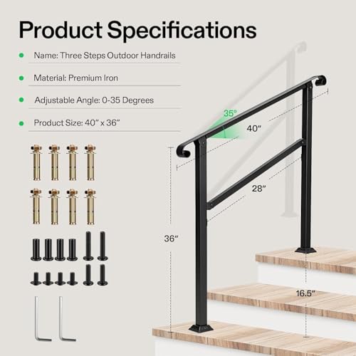 Image of VIVOSUN Outdoor Handrail, 3 Step Stair Handrail, 40 inch x 36 inch Fits 1 to 3 Steps, Wrought Mattle Iron Stair Railing with Curved Ends for Concrete Steps, Porch Steps, One-Step Assembly, Black
