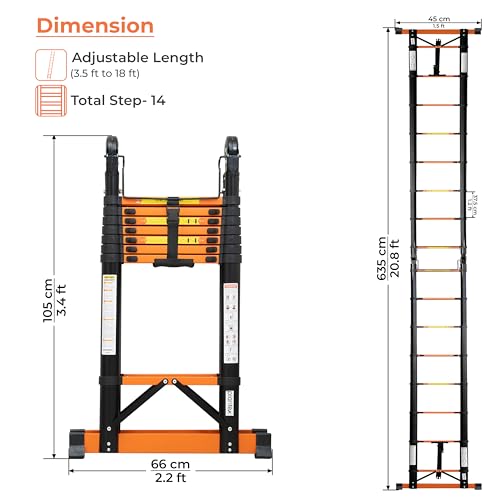 Image of Plantex (3.3+3.3m) (21.65 ft.) Telescopic Ladder /Carbon Steel A Type (Dual) Portable & Compact Ladder /Foldable Multipurpose Collapsible Ladder for Home & Outdoor Use - (Orange)
