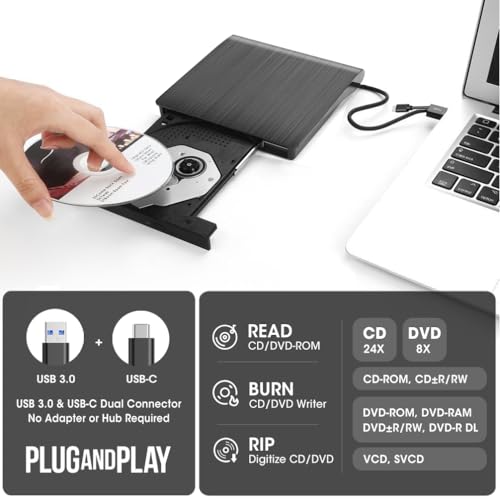 Image of ROOFULL External CD /DVD Drive with Carrying Case for Laptop, USB 3.0 Type-C CD Burner Reader Writer DVD Player ROM /RW USB-C Portable Optical Disk Drive for Mac PC Windows 11 /10 MacBook Linux Computer