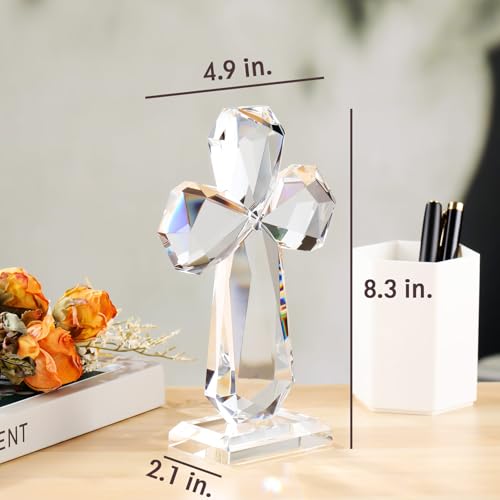 Image of YWHL Clear Crystal Standing Cross Figurine, Holy Christian Religious Gift
