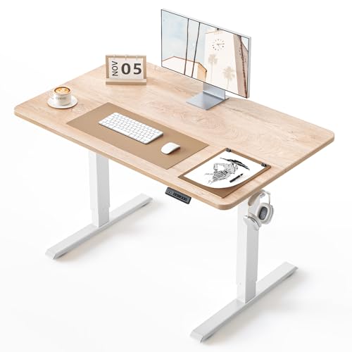 Image of BANTI 40 x 24 Inches Standing Desk, Ergonomic, Electric Height Adjustable, Sit and Stand Up, Computer Office Desk with Splice Board, White Frame /Maple Top