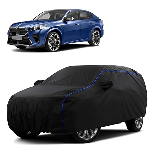 Image of Sulfar 100% Water Resistant Car Body Cover Compatible with Mirror for BMW X2 (Triple Stitched, Full Bottom Elastic, Black Tafetta with Blue Piping)