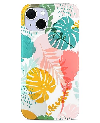 J.west Design for iPhone 13 Case 6.1', Modern Boho Style Summer Abstract Floral Pattern with Tropical Botanical Leaves Flowers Prints Slim Soft TPU Shockproof Cover Protective Phone Case for Women