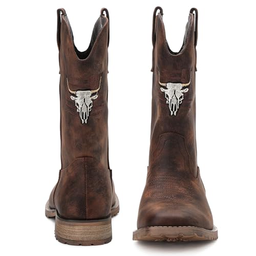Image of JASONSTAR Western Cowboy Boots for men, Vintage Distressed Brown Square Toe Mid-Calf Boots with Longhorn Skull American Flag Embroidery, Non-Slip Rubber Sole Comfortable for Riding Outdoor Daily Wear