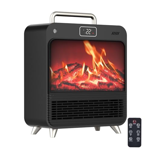 Portable Fan Heater with Fireplace - PTC Ceramic Electric Heater, LCD Display, Remote Control, 4-Mode, Overheat Protection & Safety Tip-Over Switch for Home