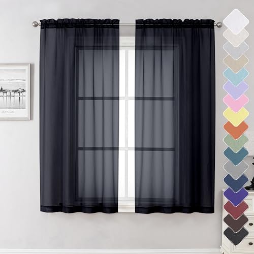 Lecloud Black Sheer Curtains 63 Inch Length 2 Panels, Elegant Voile Drapes for Small Windows, Light Filtering Curtains for Living Room Bedroom Dinning, Dual Rod Pocket, 40" W x 63" L