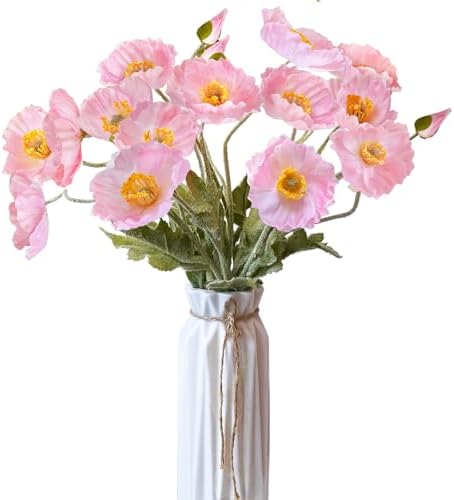 Artificial Flowers 5Pcs Poppies Flowers Artificial Silk Flowers for Home Office Wedding Outdoor Decor (Pink)