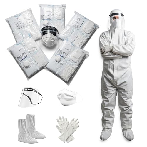 Zimchado Hazmat Suits 5 Pack of suits all included with their Shoe covers, 5 Face Masks, 5 Gloves, Face Shield (4X-Large)