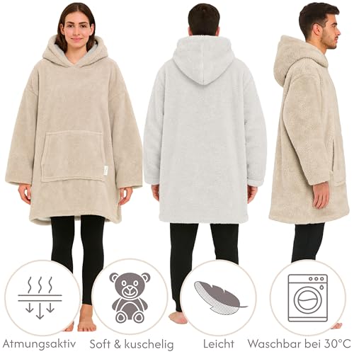CalmyLIFE Hoodie Decke mit Ärmeln - Sherpa Wende Deckenpullover Oversize Kuscheldecke zum anziehen Kuschelponcho für Damen Herren XXL Poncho Blanket Pullover (Beige/Weiss)