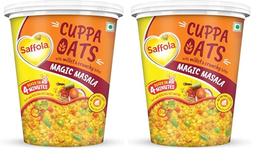 Image of Saffola Cuppa Oats, Magic Masala | Tasty Mazedaar Snack | Just add hot water | Goodness of Jowar & Veggies | No Maida, No Added Preservatives | Helps Manage Weight | 52g (Pack of 2)