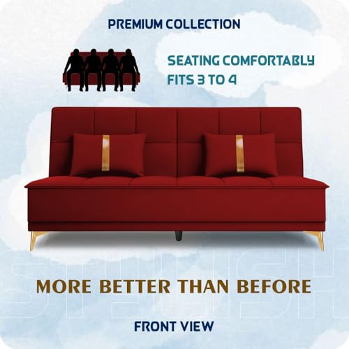 Image of Adorn India Premium New Alyssum 3 Seater Sofa Cum Bed 4X6 Velvet Suede with 2 Cushions (Color Red) and Suitable for All Indoor, with 3 Years Warranty