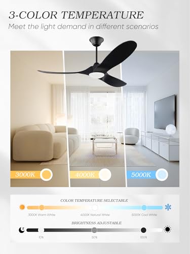 Image of 52 inch Black Ceiling Fan with Lights, Modern Propeller Ceiling Fan, Outdoor Black Solid Wood Ceiling Fans for Patio with Light, Reversible DC Motor High CFM for Porch, Exterior, Indoor