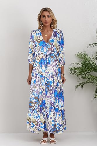 Image of Women Short Sleeve V Neck Floral Print Casual Bohemian Maxi Dresses