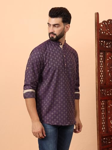 Image of LATEST CHIKAN Men's Cotton Regular Self Design Short Kurta Full Sleeves - Casual Ethnic Wear