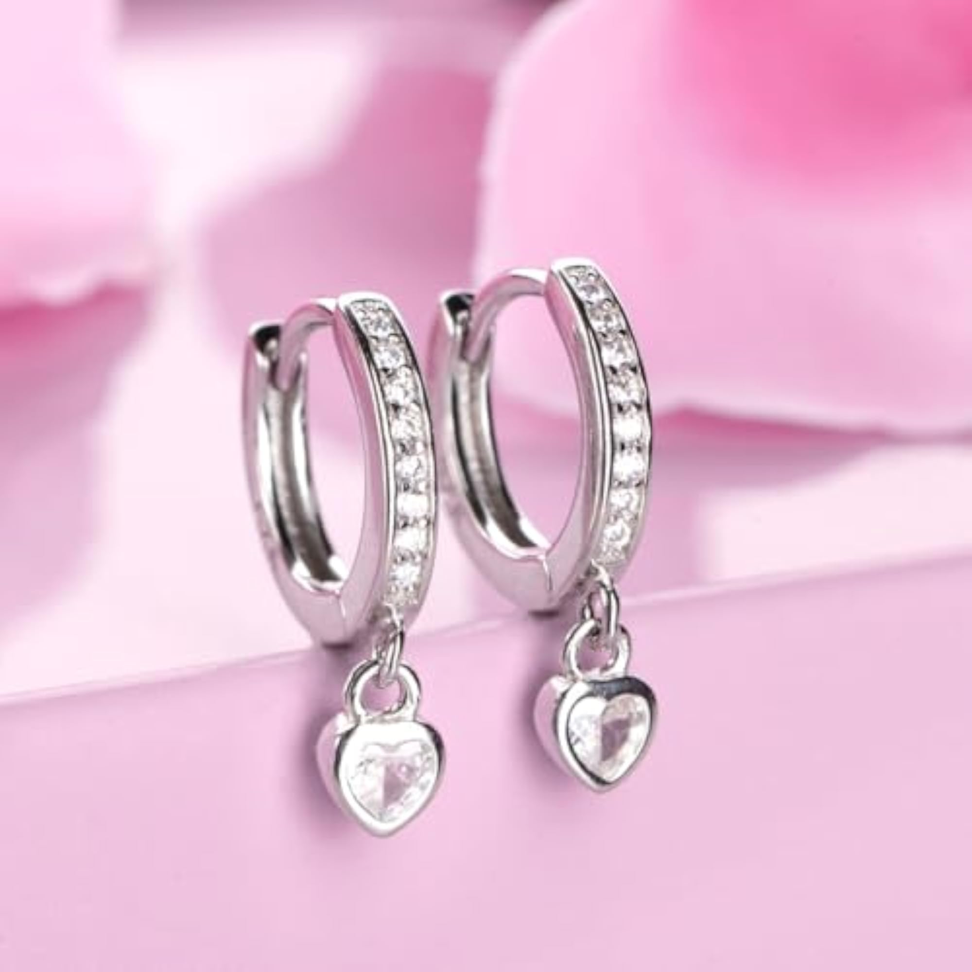 Women's 925 Heart Solitaire Drop Huggie Earrings