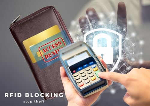 RFID Premium Soft Cow Leather Long Bifold Zip around Credit Card ID Holder Travel Organizer (Brown)3